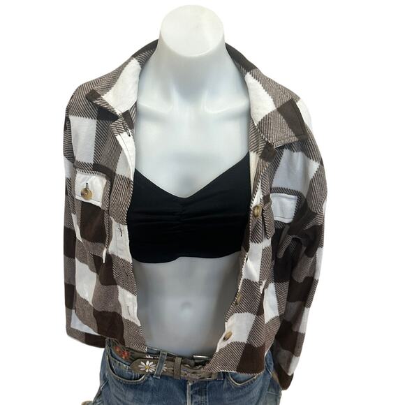 Plaid Fleece Button Up Crop Top MEDIUM All Fun Games Until Someone Loses An Eye - Picture 4 of 6